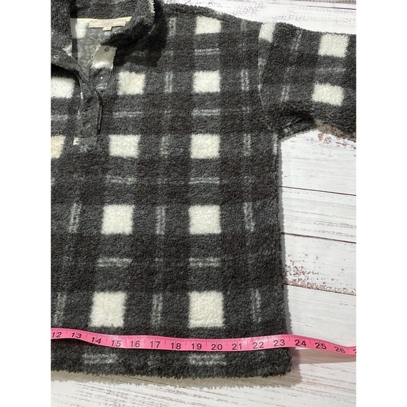 Loft Women Sherpa Plaid Black & White LS Jacket Snap Collar Size Large Pull Over - Picture 7 of 9